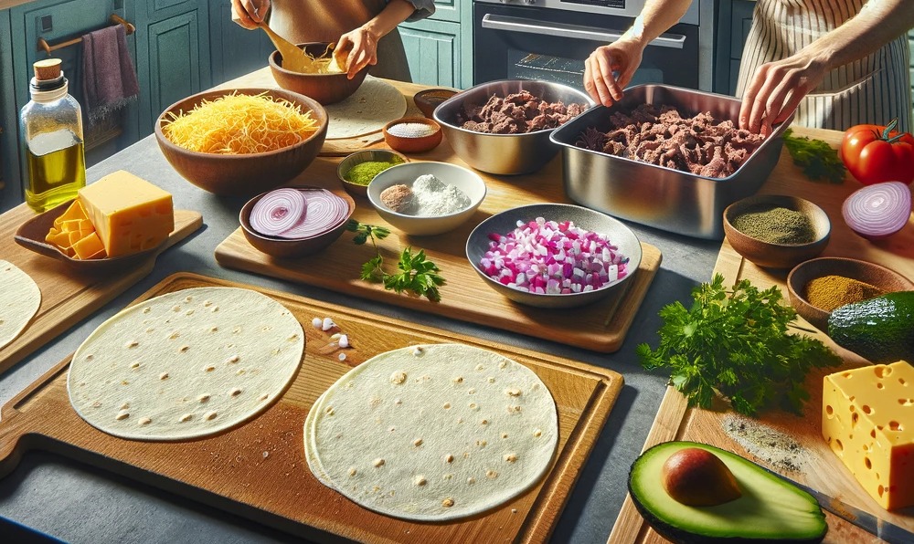 Dalle 2023 11 07 101142 A Wide Angle Kitchen Scene Featuring The Preparation Of Tacos With The Ingredients Spread Out On A Counter Visualize Tortillas Being Lightly Brushed 